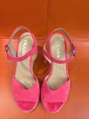 Prada Hot Pink Suede Wedge Sandals with Ankle Strap